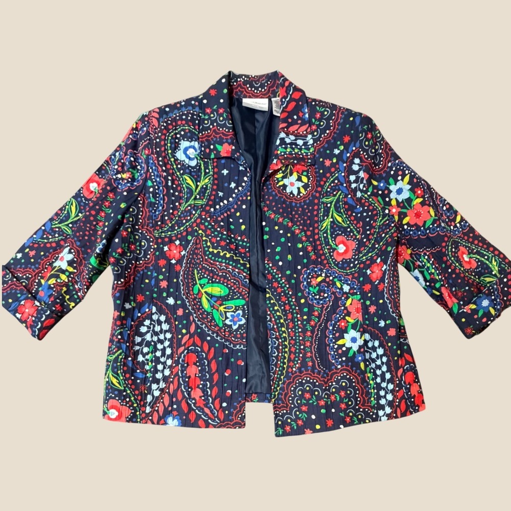 Alfred Dunner Petite Navy Paisley Floral Zip Front Blazer Jacket Size 12P